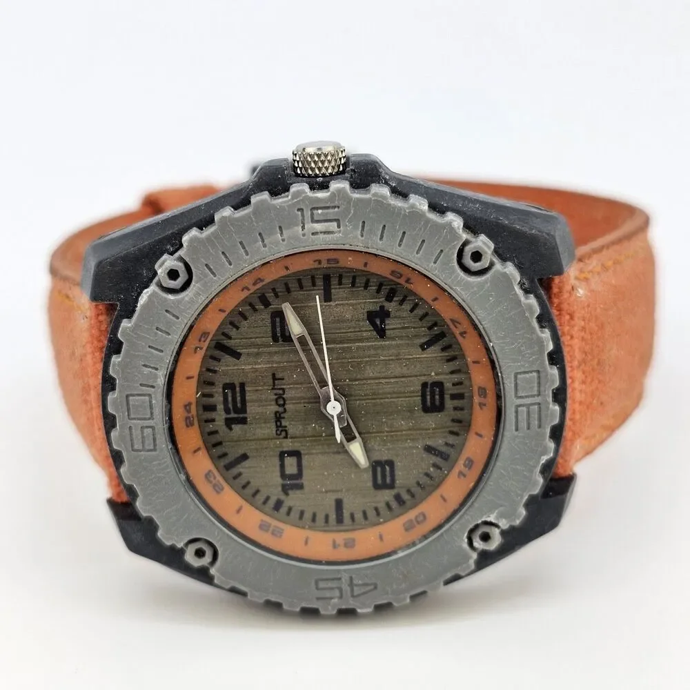 Men's Sprout Watch 42MM Brown Dial Orange Canvas‎ Band Straps New Battery